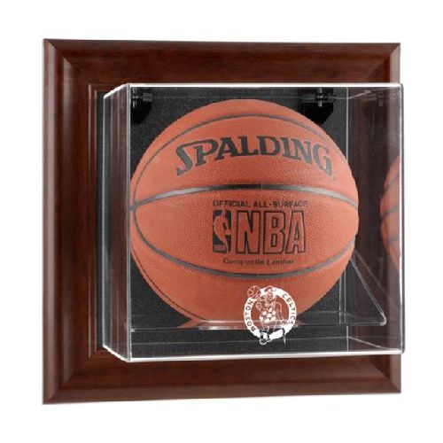 Brown Framed Wall Mounted Basketball Display Case with NBA Team Logo