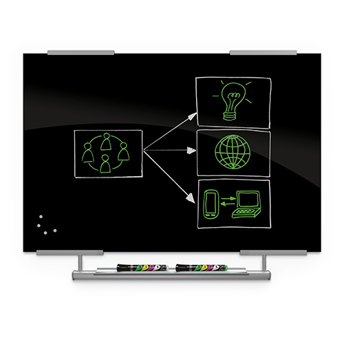 Visionary® Magnetic Black Glass Dry Erase with Exo Tray System