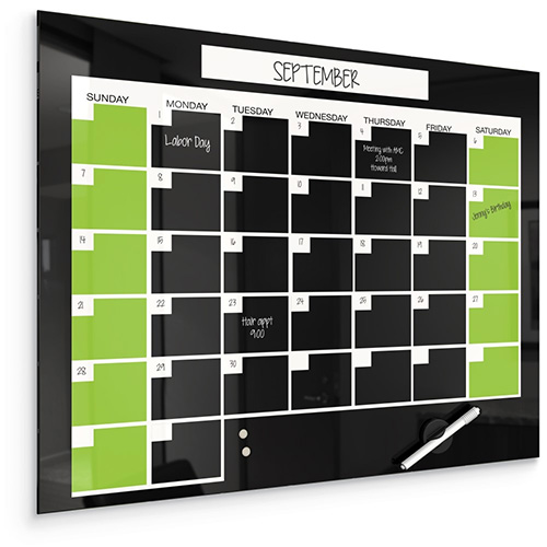 Black Magnetic Glass Dry Erase Monthly Calendar